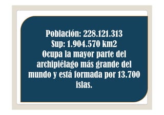 Población: 228.121.313
      Sup: 1.904.570 km2
   Ocupa la mayor parte del
  archipiélago más grande del
mundo y está formada por 13.700
              islas.
 