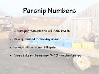 Parsnip Numbers
• 2.5 lbs per foot @$3/lb = $7.50 bed ft
• strong demand for holiday season
• balance left in ground till spring
• * does take entire season 7-10 months for crop
 