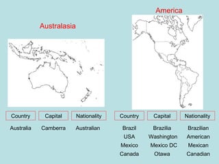 Australasia America Country Capital Nationality Australia Camberra Australian Country Capital Nationality Brazil USA Mexico Canada Brazilia Washington Mexico DC Otawa Brazilian American Mexican Canadian 