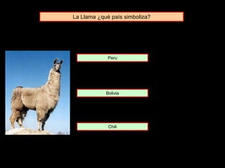 La Llama ¿qué país simboliza?
Bolivia
Peru
Chili
 