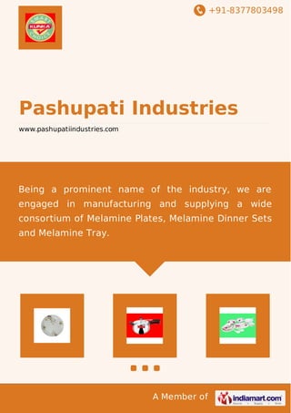 +91-8377803498
A Member of
Pashupati Industries
www.pashupatiindustries.com
Being a prominent name of the industry, we are
engaged in manufacturing and supplying a wide
consortium of Melamine Plates, Melamine Dinner Sets
and Melamine Tray.
 