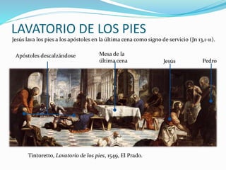 LAVATORIO DE LOS PIES
Tintoretto, Lavatorio de los pies, 1549, El Prado.
Jesús lava los pies a los apóstoles en la última cena como signo de servicio (Jn 13,1-11).
Jesús Pedro
Mesa de la
última cena
Apóstoles descalzándose
 