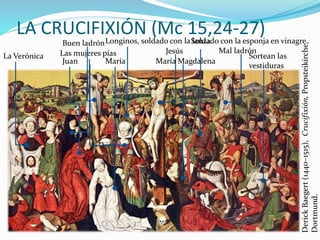LA CRUCIFIXIÓN (Mc 15,24-27)
DerickBaegert(1440–1515),Crucifixión,Propsteikirche,
Dortmund.
Jesús
MaríaJuan María Magdalena
Las mujeres píasLa Verónica
Longinos, soldado con la lanzaBuen ladrón
Mal ladrón
Soldado con la esponja en vinagre
Sortean las
vestiduras
 