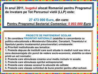 In anul 2011, bugetul alocat Romaniei pentru Programul
de Invatare pe Tot Parcursul vietii (LLP) este:

              27 473 000 Euro, din care:
 Pentru Programul Sectorial Comenius: 5 003 000 Euro


                     PROIECTE DE PARTENERIAT SCOLAR
1. Se considera PRIORITATI NATIONALE (stabilite in concordanta cu
politica educationala a Ministerului Educatiei, Cercetarii, Tineretului si
Sportului pentru invatamantul preuniversitar) urmatoarele:
a) Prioritati institutionale sau tematice:
1. Proiecte depuse de institutii care sunt situate in mediul rural sau intr-o
zona dezavantajata din punct de vedere socio-economic, stabilita ca atare
printr-un act normativ;
2. Proiecte care stimuleaza crearea unui mediu incluziv in scoala;
3. Proiecte care stimuleaza spiritul antreprenorial;
4. Proiecte care vizeaza accesul la educatie de calitate;
5. Proiecte care vizeaza schimbul de bune practici pentru after-school.
 
