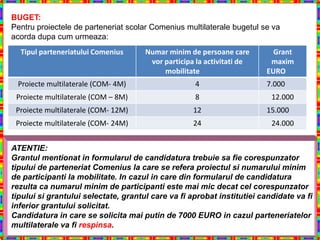 BUGET:
Pentru proiectele de parteneriat scolar Comenius multilaterale bugetul se va
acorda dupa cum urmeaza:
  Tipul parteneriatului Comenius      Numar minim de persoane care        Grant
                                       vor participa la activitati de    maxim
                                           mobilitate                   EURO
 Proiecte multilaterale (COM- 4M)                   4                   7.000
 Proiecte multilaterale (COM – 8M)                  8                     12.000
 Proiecte multilaterale (COM- 12M)                  12                  15.000
 Proiecte multilaterale (COM- 24M)                  24                    24.000


ATENTIE:
Grantul mentionat in formularul de candidatura trebuie sa fie corespunzator
tipului de parteneriat Comenius la care se refera proiectul si numarului minim
de participanti la mobilitate. In cazul in care din formularul de candidatura
rezulta ca numarul minim de participanti este mai mic decat cel corespunzator
tipului si grantului selectate, grantul care va fi aprobat institutiei candidate va fi
inferior grantului solicitat.
Candidatura in care se solicita mai putin de 7000 EURO in cazul parteneriatelor
multilaterale va fi respinsa.
 
