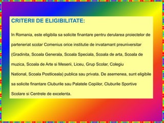 CRITERII DE ELIGIBILITATE:

In Romania, este eligibila sa solicite finantare pentru derularea proiectelor de

parteneriat scolar Comenius orice institutie de invatamant preuniversitar

(Gradinita, Scoala Generala, Scoala Speciala, Scoala de arta, Scoala de

muzica, Scoala de Arte si Meserii, Liceu, Grup Scolar, Colegiu

National, Scoala Postliceala) publica sau privata. De asemenea, sunt eligibile

sa solicite finantare Cluburile sau Palatele Copiilor, Cluburile Sportive

Scolare si Centrele de excelenta.
 