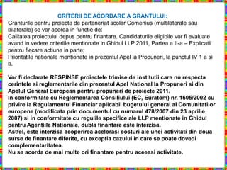 CRITERII DE ACORDARE A GRANTULUI:
Granturile pentru proiecte de parteneriat scolar Comenius (multilaterale sau
bilaterale) se vor acorda in functie de:
Calitatea proiectului depus pentru finantare. Candidaturile eligibile vor fi evaluate
avand in vedere criteriile mentionate in Ghidul LLP 2011, Partea a II-a – Explicatii
pentru fiecare actiune in parte;
Prioritatile nationale mentionate in prezentul Apel la Propuneri, la punctul IV 1 a si
b.

Vor fi declarate RESPINSE proiectele trimise de institutii care nu respecta
cerintele si reglementarile din prezentul Apel National la Propuneri si din
Apelul General European pentru propuneri de proiecte 2011.
In conformitate cu Reglementarea Consiliului (EC, Euratom) nr. 1605/2002 cu
privire la Regulamentul Financiar aplicabil bugetului general al Comunitatilor
europene (modificata prin documentul cu numarul 478/2007 din 23 aprilie
2007) si in conformitate cu regulile specifice ale LLP mentionate in Ghidul
pentru Agentiile Nationale, dubla finantare este interzisa.
Astfel, este interzisa acoperirea acelorasi costuri ale unei activitati din doua
surse de finantare diferite, cu exceptia cazului in care se poate dovedi
complementaritatea.
Nu se acorda de mai multe ori finantare pentru aceeasi activitate.
 