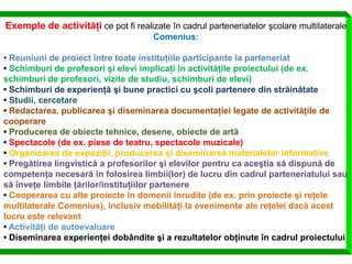 Exemple de activităţi ce pot fi realizate în cadrul parteneriatelor şcolare multilaterale
                                      Comenius:

• Reuniuni de proiect între toate instituţiile participante la parteneriat
• Schimburi de profesori şi elevi implicaţi în activităţile proiectului (de ex.
schimburi de profesori, vizite de studiu, schimburi de elevi)
• Schimburi de experienţă şi bune practici cu şcoli partenere din străinătate
• Studii, cercetare
• Redactarea, publicarea şi diseminarea documentaţiei legate de activităţile de
cooperare
• Producerea de obiecte tehnice, desene, obiecte de artă
• Spectacole (de ex. piese de teatru, spectacole muzicale)
• Organizarea de expoziţii, producerea şi diseminarea materialelor informative
• Pregătirea lingvistică a profesorilor şi elevilor pentru ca aceştia să dispună de
competenţa necesară în folosirea limbii(lor) de lucru din cadrul parteneriatului sau
să înveţe limbile ţărilor/instituţiilor partenere
• Cooperarea cu alte proiecte în domenii înrudite (de ex. prin proiecte şi reţele
multilaterale Comenius), inclusiv mobilităţi la evenimente ale reţelei dacă acest
lucru este relevant
• Activităţi de autoevaluare
• Diseminarea experienţei dobândite şi a rezultatelor obţinute în cadrul proiectului
 