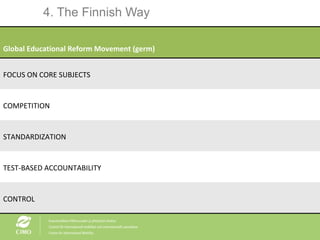 4. The Finnish Way Global Educational Reform Movement (germ) FOCUS ON CORE SUBJECTS COMPETITION STANDARDIZATION TEST-BASED ACCOUNTABILITY CONTROL 