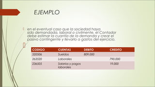 EJEMPLO 
 en el eventual caso que la sociedad haya 
sido demandada, laboral o civilmente, el Contador 
debe estimar la cuantía de la demanda y crear el 
pasivo contingente y llevarlo a gastos del ejercicio. 
 CODIGO CUENTAS DEBITO CREDITO 
520506 Sueldos 809.000 
263520 Laborales 790.000 
236505 Salarios y pagos 
laborales 
19.000 
 