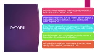 DATORII
Datoriile salariale reprezintă sumele cuvenite personalului
întreprinderii pentru munca depusă.
Datorii sociale reprezintă sumele datorate de către angajat şi
angajator bugetului consolidat(ex.: CAS, contribuţia la
fondul de şomaj etc.)
Datorii fiscale reprezintă sumele datorate de întreprindere
bugetului de stat, bugetului local (ex.: TVA de plată, impozitul
pe profit, impozitul pe venitul din salarii etc.).
Datoriile financiare sunt reprezentate de credite bancare și
împrumuturi din emisiunea de obligațiuni.
Datoriile diverse reprezintă încasarea de sume necuvenite,
despăgubiri şi penalităţi datorate terţilor etc.
 