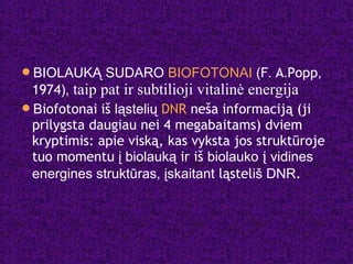 BIOLAUKĄ SUDARO BIOFOTONAI (F. A.Popp,
1974), taip pat ir subtilioji vitalinė energija
Biofotonai iš ląstelių DNR neša informaciją (ji
prilygsta daugiau nei 4 megabaitams) dviem
kryptimis: apie viską, kas vyksta jos struktūroje
tuo momentu į biolauką ir iš biolauko į vidines
energines struktūras, įskaitant ląsteliš DNR.
 