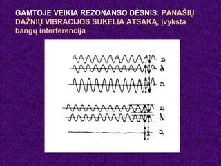 GAMTOJE VEIKIA REZONANSO DĖSNIS: PANAŠIŲ
DAŽNIŲ VIBRACIJOS SUKELIA ATSAKĄ, įvyksta
bangų interferencija
 