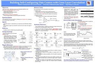 Building Self-Configuring Data Centers with Cross Layer Coevolution
                                             Paskorn Champrasert and Junichi Suzuki                                      University of Massachusetts, Boston                                                  http://dssg.cs.umb.edu/

Objectives                                                                              Behavior Policy                                                                       Evolutionary Process
• Make data centers (application services and middleware platforms) more                Each agent/platform has its own policy for each behavior.                             • SymbioticSphere allows agents and
autonomous, scalable, adaptable and survival to                                                                                                                                 platforms    to    autonomously     find
                                                                                        • A behavior policy
   • Improve user experience                                                                                                                                                    appropriate values in an evolutionary
                                                                                          • defines when to and how to invoke a particular behavior.
   • Expand system’s operational longevity                                                                                                                                      manner, thereby adapting themselves
                                                                                          • consists of factors (Fi), which evaluate environment conditions.
   • Reduce maintenance cost                                                                                                                                                    to network conditions. Both regular and
                                                                                        • Each factor is given a weight value (Wi) relative to its importance.                  symbiotic behavior policies are encoded
• Apply biological concepts and mechanisms                                                                                                                                      as genes of agents and platforms.
   • Various biological systems have achieved these requirements.                       • A behavior is invoked
                                                                                             if the weighted sum of its factor values exceeds a threshold.
                                                                                                                                                                              • Each gene contains one or more weight
SymbioticSphere                                                                                       Factor ( F1)         w1                                                   values and a threshold value for a

• Each application service and platform is designed as a biological entity, analogous                                     w2
                                                                                                                                            ∑ F W > Threshold?
                                                                                                                                            i
                                                                                                                                                i   i
                                                                                                                                                                                particular behavior.
                                                                                                      Factor ( F2)
to an individual bee in a bee colony.                                                                                .          Threshold
                                                                                                                                                          Invoke
                                                                                                                                                          behavior or not
                                                                                                                                                                               Internet Data Center Simulations
                                                                                                                     .
                                                                                                                         w3                                                                                                                                   •A simulated network system is modeled as
Agents:                                                                                               Factor ( Fn)
                                                                                                                     .

                                                                                                                                                                                                                      User
                                                                                                                                                                                                                                                              an Internet data center.
                                                                                                                                                                                                                                   Host
                                                                                                                                                                                                                   access point                               •7x7 grid network topology.




                                                                                                                                                                                           service requests
  • Application service is implemented as an autonomous and distributed software
  agent.                                                                                Symbiotic Behaviors                                                                                                                                                        • 49 network hosts
     For example, an agent may implement a web service and contain web pages in                                                                                                                                                                               •Each agent implements a web service in
  its body.                                                                                • Each symbiotic behavior is defined as a sequence of regular behaviors that                                                                                       its body
                                                                                           an agent and its underlying platform perform in order.
                                                                                                                                                                                                              (Simulated User)                                •There is one agent and one platform on
Platforms:                                                                                 • There are two types of symbiotic behaviors: agent-initiated symbiotic                                                                                            each host at the beginning of simulation.
                                                                                                                                                                                                                                   Data Center
  • A platform runs on a network host and operates agents.                                 behaviors (A1, A2 and A3 behaviors) and platform-initiated symbiotic                                                                                                    • 49 agents and 49 platforms
                                                                                           behaviors (P1, P2 and P3 behaviors)
Energy Exchange                                                                                                                                                                                                                                                                100
                                                                                                                                                                                                                                                                                00




                                                                                                                                                                                                                                                       Service Request Rate
                                                                                                                                                                                     Input:




                                                                                                                                                                                                                                                       (# of requests / min)
                                                                                                                                                                                                                                                                               80
                                                                                                                                                                                                                                                                               00
• Agents and platforms store and expend                                                                                                                                              This service request rate is taken                                                        60
                                                                                                                                                                                                                                                                               00
energy for living.                                                                                                                                                                   from a workload trace of the 1998                                                         40
                                                                                                                                                                                                                                                                               00
                                                                                                                                                                                     Winter Olympic official website                                                           20
                                                                                                                                                                                                                                                                               00
    • Agents gain energy in exchange for                                                                                                                                                                                                                                         0
    performing their services to human                                                                                                                                                                                                                                               0   2   4   6   8   10 12 14 16 18 20 22 24
    users, and expend energy to use
                                                                                                                                                                                                                                                                                                     Simulation time (hour)
    network and computing resources.
                                                                                                                                                                                    Performance Ratio
    • Platforms gain energy in exchange                                                                                                                                             Performance ratio is measured with seven performance metrics (response time,
    for providing resources to agents,                                                                                                                                              throughput, Load Balancing Index, resource efficiency, platform resource availability,
    and evaporates energy to the                                                                                                                                                    agent energy level and platform energy level).
    network environment.
                                                                                                                                                                                    PGi denotes the performance in the metric i when agents and platforms obtain their
Regular Behaviors:                                                                                                                                                                  behavior policies through evolution. Pi denotes the performance in the metric i when
  • Each agent and platform autonomously senses its surrounding environment                                                                                                         agents and platforms use manually-configured behavior policies.
  conditions and adaptively invokes a behavior suitable for the conditions.                                                                                                                                                                              7 ⎛
                                                                                                                                                                                                                                                              PGi − Pi ⎞
    For example, an agent may invoke the migration behavior to move toward a                                                                                                                                                        Performance Ratio = ∑ ⎜            ⎟                                       (7)
                                                                                        For example: A1                                                                                                                                                 i=1 ⎝    Pi    ⎠
    network host that receives a large number of user requests for its services.             Conditions:
                                                                                                                                                                                     Results                                                                                                 Simulation Scenarios
                                                                                             An agent wants to move toward a user but there is no platform running on
                                                                                          a neighboring host closer to the user.                                                                       1               R vs RG              R+S vs RG+SG                                     R: Regular Behaviors
                                                    Agents’ Regular Behaviors                The agent may propose the local platform to replicate itself on the                                                                                                                                without evolutionary Process




                                                                                                                                                                               Performance ratio
                                                    •   Replication                                                                                                                                  0.5
                                                                                          neighboring host.                                                                                            0                                                                                     RG: Regular Behaviors
                                                    •   Reproduction                         If the local platform’s resource availability is low, the platform accepts the                         -0.5                                                                                         with evolutionary Process
                                                    •   Migration                         agent’s proposal.                                                                                           -1                                                                                     R+S: Regular + Symbiotic Behaviors
                                                    •   Death                                Actions:                                                                                               -1.5                                                                                          without evolutionary Process
                                                                                             The agent gives the platform the energy units of platform replication cost,                              -2
                                                    Platforms’ Regular Behaviors                                                                                                                               1      2     3   4     5   6    7   8                   9         10          RG+SG: Regular + Symbiotic Behaviors
                                                                                          and the platform replicates itself on a host that the agent wants to migrate to.
                                                    •   Replication                                                                                                                                                          Simulation Time (day)                                                  with evolutionary Process
                                                                                             Results:
                                                    •   Reproduction                          The agent can migrate to the child platform and improve response time.                This result demonstrates that agents and platforms can successfully
                                                    •   Death                             The platform can improve its health level because resource availability                   improve the quality of their behavior policies by themselves.
                                                                                          becomes higher.
 