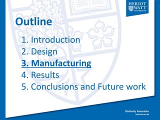 Outline
1. Introduction
2. Design
3. Manufacturing
4. Results
5. Conclusions and Future work
 