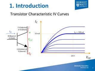 Transistor Characteristic IV Curves
1. Introduction
7
𝑉𝐶𝐸
𝐼 𝐶
𝐼 𝐵 = 100 𝜇𝐴
10 𝑚𝐴
C (Collector)
or D (Drain)
E (Emitter) or...