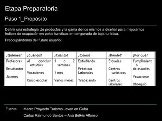 Etapa Preparatoria Paso 1_Propósito Definir una estrategia de productos y la gama de los mismos a diseñar para mejorar los índices de ocupación en polos turísticos en temporada de baja turística. Preocupándonos del futuro usuario: Fuente : M acro Proyecto Turismo Joven en Cuba   Carlos Raimundo Santos – Ana Belkis Alfonso 