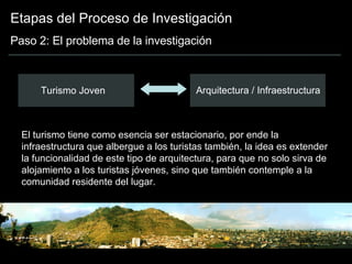 Etapas del Proceso de Investigación Paso 2: El problema de la investigación Arquitectura / Infraestructura El turismo tiene como esencia ser estacionario, por ende la infraestructura que albergue a los turistas también, la idea es extender la funcionalidad de este tipo de arquitectura, para que no solo sirva de alojamiento a los turistas jóvenes, sino que también contemple a la comunidad residente del lugar. Turismo Joven 