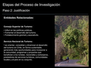 Etapas del Proceso de Investigación Paso 2: Justificación Consejo Superior de Turismo: •  Influir en las políticas públicas.  • Fomentar el desarrollo del turismo.  • Fortalecimiento gremial y asociativito.   Servicio Nacional de Turismo: es orientar, consolidar y dinamizar el desarrollo del turismo en Chile, en forma sustentable, generando más oportunidades para incorporar a la comunidad, programas y proyectos que beneficien a los turistas, nacionales y extranjeros, prestadores de servicios turísticos, comunidades locales y al país en su conjunto. Entidades Relacionadas: 