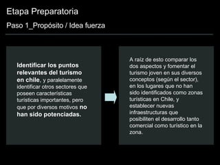 Etapa Preparatoria Paso 1_Propósito / Idea fuerza Identificar los puntos relevantes del turismo en chile ,  y paralelamente identificar otros sectores que poseen características turísticas importantes, pero que por diversos motivos   no han sido potenciadas. A raíz de esto comparar los dos aspectos y fomentar el turismo joven en sus diversos conceptos (según el sector), en los lugares que no han sido identificados como zonas turísticas en Chile, y establecer nuevas infraestructuras que posibiliten el desarrollo tanto comercial como turístico en la zona. 