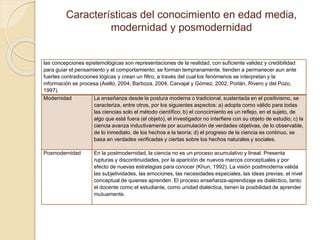 Características del conocimiento en edad media,
modernidad y posmodernidad
las concepciones epistemológicas son representaciones de la realidad, con suficiente validez y credibilidad
para guiar el pensamiento y el comportamiento; se forman tempranamente, tienden a permanecer aun ante
fuertes contradicciones lógicas y crean un filtro, a través del cual los fenómenos se interpretan y la
información se procesa (Aiello, 2004; Barboza, 2004; Carvajal y Gómez, 2002; Porlán, Rivero y del Pozo,
1997).
Modernidad La enseñanza desde la postura moderna o tradicional, sustentada en el positivismo, se
caracteriza, entre otros, por los siguientes aspectos: a) adopta como válido para todas
las ciencias solo el método científico; b) el conocimiento es un reflejo, en el sujeto, de
algo que está fuera (el objeto), el investigador no interfiere con su objeto de estudio; c) la
ciencia avanza inductivamente por acumulación de verdades objetivas, de lo observable,
de lo inmediato, de los hechos a la teoría; d) el progreso de la ciencia es continuo, se
basa en verdades verificadas y ciertas sobre los hechos naturales y sociales.
Posmodernidad En la postmodernidad, la ciencia no es un proceso acumulativo y lineal. Presenta
rupturas y discontinuidades, por la aparición de nuevos marcos conceptuales y por
efecto de nuevas estrategias para conocer (Khun, 1992). La visión postmoderna valida
las subjetividades, las emociones, las necesidades especiales, las ideas previas, el nivel
conceptual de quienes aprenden. El proceso enseñanza-aprendizaje es dialéctico, tanto
el docente como el estudiante, como unidad dialéctica, tienen la posibilidad de aprender
mutuamente.
 