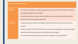 Según el tipo de datos empleados
Cualitativa - Se entiende por investigación cualitativa aquella que se basa en la obtención de datos en principio no
cuantificables, basados en la observación.
- Los datos obtenidos son subjetivos y poco controlables y no permiten una explicación clara de los
fenómenos. Se centra en aspectos descriptivos.
Cuantitativa - Se basa en el estudio y análisis de la realidad a través de diferentes procedimientos basados en la
medición.
- Permite un mayor nivel de control e inferencia que otros tipos de investigación, siendo posible realizar
experimentos y obtener explicaciones contrastadas a partir de hipótesis.
- Los resultados de estas investigaciones se basan en la estadística y son generalizables.
 