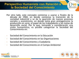 Perspectiva Humanista con Relación a
la Sociedad del Conocimiento
Por otro lado, este concepto comienza a usarse a finales de la
década de 1960, en donde comienza la transición de la
sociedad industrial y se da la aparición de nuevos procesos
sociales y económicos, en donde toma gran protagonismo la
producción en serie, el papel de los trabajadores y las metas de
desarrollo social. Por lo que, tomando a consideración una
visión humanística, es posible categorizar la Sociedad del
Conocimiento en:
- Sociedad del Conocimiento en la Educación
- Sociedad del Conocimiento en las Organizaciones
- Sociedad del Conocimiento y Ciudadanía
- Sociedad del Conocimiento en el Campo Ambiental
 