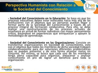 Perspectiva Humanista con Relación a
la Sociedad del Conocimiento
- Sociedad del Conocimiento en la Educación: Se basa en que los
procesos educativos deben estar enfocados hacia más allá de las
instituciones con el objetivo que las personas puedan llegar a
formar parte de la Sociedad del Conocimiento a través de un
proceso integral de formación colaborativa. Para ello, se debe
realizar una reestructuración de los procesos actuales de
enseñanza en virtud de formar individuos con mayor pensamiento
crítico, basándose en experiencias que enriquezcan y apoyen la
metodología de aprendizaje.
- Sociedad del Conocimiento en las Organizaciones: Consiste en
transformar organizaciones en Sociedad de Conocimiento, esto
con el objetivo que todos los miembros de dicha sociedad trabajen
colaborativamente para dar soluciones diferentes problemáticas
que se puedan presentar y de esta forma alcanzar metas en
conjunto. Así mismo, se busca que cada uno de los miembros
tenga plena capacidad para organizar, almacenar y analizar
conocimiento en pro de lograr un beneficio para toda la
organización.
 