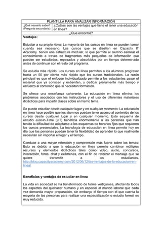 PLANTILLA PARA ANALIZAR INFORMACIÓN
¿Qué necesito saber?
(Pregunta secundaria)
¿Cuáles son las ventajas que tiene el tener una educación
en línea?
¿Que encontré?
Ventajas:
Estudiar a su propio ritmo: La mayoría de los cursos en línea se pueden tomar
cuando sea necesario. Los cursos que se diseñan en Capacity IT
Academy tienen una estructura modular, lo que permite al alumno asimilar el
conocimiento a través de fragmentos más pequeños de información que
pueden ser estudiados, repasados y absorbidos por un tiempo determinado
antes de continuar con el resto del programa.
Se estudia más rápido: Los cursos en línea permiten a los alumnos progresar
hasta un 50 por ciento más rápido que los cursos tradicionales. La razón
principal es que el enfoque individualizado permite a los estudiantes pasar el
material que ya conocen y entienden, y dedicar plenamente más tiempo y
esfuerzo al contenido que si necesitan formación.
Se ofrece una enseñanza coherente: La educación en línea elimina los
problemas asociados con los instructores y el uso de diferentes materiales
didácticos para impartir clases sobre el mismo tema.
Se puede estudiar desde cualquier lugar y en cualquier momento: La educación
en línea hace posible que los alumnos puedan tener acceso al contenido de los
cursos desde cualquier lugar y en cualquier momento. Este esquema de
estudio Just-In-Time (JIT) beneficia enormemente a las personas que han
tenido la dificultad de adaptarse a los esquemas de horarios fijos que requieren
los cursos presenciales. La tecnología de educación en línea permite hoy en
día que las personas puedan tener la flexibilidad de aprender lo que realmente
necesitan sin importar el lugar y el tiempo.
Conduce a una mayor retención y comprensión más fuerte sobre los temas:
Esto es debido a que la educación en línea permite combinar múltiples
recursos y elementos didácticos tales como video, audio, concursos,
interacción, foros, chat y exámenes, con el fin de reforzar el mensaje que se
quiere transmitir a los estudiantes.
http://blog.capacityacademy.com/2012/06/12/las-ventajas-de-la-educacion-en-
linea/
Beneficios y ventajas de estudiar en línea
La vida en sociedad se ha transformado de forma vertiginosa, afectando todos
los aspectos del quehacer humano y en especial al mundo laboral que cada
vez demanda mayor preparación, sin embargo el tiempo con el que cuenta la
mayoría de las personas para realizar una especialización o estudio formal es
muy reducido.
 