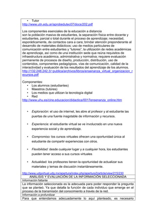 • Tutor
http://www.utn.edu.ar/aprobedutec07/docs/202.pdf
Los componentes esenciales de la educación a distancia
son la población masiva de estudiantes, la separación física entre docente y
estudiantes, parcial o total durante el proceso de aprendizaje; necesidad,
esporádicamente, de contactos cara a cara; brindar atención preponderante al
desarrollo de materiales didácticos; uso de medios particulares de
comunicación entre estudiantes y “tutores”, la utilización de redes académicas
de aprendizaje, así como de una institución sede que reúna requisitos de
infraestructura académica, administrativa y normativa; requiere evaluación
permanente de procesos de diseño, producción, distribución, uso de
contenidos, componentes pedagógicos, vías de comunicación, calidad de la
interactividad y evaluación de los resultados del aprendizaje de los alumnos.
http://132.248.242.3/~publica/archivos/libros/ensenanza_virtual_organizacion_r
ecursos.pdf
Componentes:
• Los alumnos (estudiantes)
• Maestros (tutores)
• Los medios que utilizan la tecnología digital
• Red
http://www.uhu.es/cine.educacion/didactica/0017ensenanza_online.htm
• Exploración: el uso de internet, les abre al profesor y al estudiante las
puertas de una fuente inagotable de información y recursos.
• Experiencia: el estudiante virtual se ve involucrado en una nueva
experiencia social y de aprendizaje.
• Compromiso: los cursos virtuales ofrecen una oportunidad única al
estudiante de compartir experiencias con otros.
• Flexibilidad: desde cualquier lugar y a cualquier hora, los estudiantes
pueden tener acceso a sus cursos virtuales
• Actualidad: los profesores tienen la oportunidad de actualizar sus
materiales y temas de discusión instantáneamente.
http://www.udgvirtual.udg.mx/apertura/index.php/apertura3/article/view/215/230
ANÁLISIS Y EVALUACIÓN DE LA INFORMACIÓN SELECCIONADA
Información faltante
La información seleccionada es la adecuada para poder responder la pregunta
que se planteó. Ya que detalla la función de cada individuo que emerge en el
proceso de la transmisión del conocimiento a través de la red.
Información a profundizar
Para que entendamos adecuadamente lo aquí planteado, es necesario
 