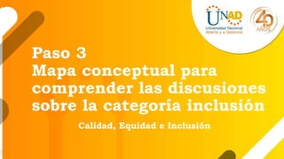 Paso 3
Mapa conceptual para
comprender las discusiones
sobre la categoría inclusión
Calidad, Equidad e Inclusión
 