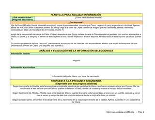 PLANTILLA PARA ANALIZAR INFORMACIÓN
¿Qué necesito saber?                                                     ¿Cómo nació la diosa Afrodita?
(Pregunta Secundaria)
                                                                      ¿Qué encontré?
hija de Urano (Afrodita Urania, diosa del amor puro), cuyos órganos sexuales, cortados por Crono, cayeron al mar y engendraron a la diosa. Apenas
salida del mar, los Céfiros la llevaron primero a Citera y luego a la costa de Chipre, donde fue acogida por las Estaciones, vestida, ataviada y
conducida por ellas a la morada de los Inmortales. (fuente 1)

surgió de la espuma del mar cerca de Pafos (Chipre) después de que Crono cortase durante la Titanomaquia los genitales con una hoz adamantina a
Urano, su padre, y la sangre y el semen de éste cayesen al mar, donde empezaron a hacer espuma. Afrodita nació de esta espuma ya adulta. (fuente
4)

Su nombre proviene de áphros, “espuma”, precisamente porque una de las historias más sorprendentes alude a que surgió de la espuma del mar.
Desembarcó primero en Citera, una pequeña isla. (fuente 5)

                                ANÁLISIS Y EVALUACIÓN DE LA INFORMACIÓN SELECCIONADA
Información faltante


                                                                       ninguna


Información a profundizar



                                               Información del padre Urano y su lugar de nacimiento.

                                             RESPUESTA A LA PREGUNTA SECUNDARIA
                                                (Exprésela con sus propias palabras)
  Según Iconografía de Afrodita, esta famosa diosa es originada a partir de los genitales de Urano, que fueron arrojados al mar por Cronos. Ella fue
          encontrada al salir del mar por los Céfiros, quienes la llevaron a Citera, donde fue cuidada y enviada al refugio de los inmortales.

 Según Nacimiento de Afrodita, Afrodita nace en la Costa de Chipre, cuando Cronos le corta los genitales a Urano con un cuchillo especial, y cae al
                          mar el semen y sangre de este que crea una espuma donde se origina la diosa, ya crecida.

 Según Gonzalo Gamio, el nombre de la diosa viene de su nacimiento en la espuma proveniente de la palabra Aphros, sucedido en una costa cerca
                                                                  de Citera.




                                                                                                             http://www.eduteka.org/CMI.php - Pág. 4
 