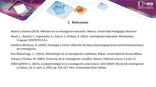 2. Referencias
Alvarez y Alvarez (2014). Métodos en la investigación educativa. Mexico: Universidad Pedagógica Nacional
Abero, L., Berardi, L., Capocacela, A., García, S., & Rojas, R. (2015). Investigación educativa. Montevideo,
Uruguay: CONTEXTO S.R.L.
Castillero Mimenza, O. (2020). Psicología y mente. Obtenido de https://psicologiaymente.com/miscelanea/tipos-
de-investigacion
Ruiz Olabuénaga, J. I. (2012). Metodología de la investigación cualitativa. Bilbao: Universidad de Deusto Bilbao.
Tamayo y Tamayo, M. (2003). El proceso de la investigación científica. Mexico: Editorial Limusa, S.A de C.V.
ZEÑA QUÉPUY, C. (2015). La epistemología en la investigación universitaria. UCV-HACER. Revista de Investigación
y Cultura, vol. 4, núm. 2, 2015, pp. 122-127. Perú: Universidad César Vallejo.
 