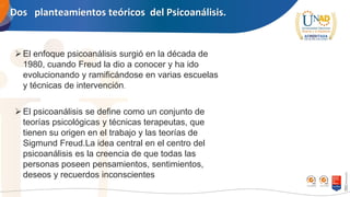 Dos planteamientos teóricos del Psicoanálisis.
➢El enfoque psicoanálisis surgió en la década de
1980, cuando Freud la dio a conocer y ha ido
evolucionando y ramificándose en varias escuelas
y técnicas de intervención.
➢El psicoanálisis se define como un conjunto de
teorías psicológicas y técnicas terapeutas, que
tienen su origen en el trabajo y las teorías de
Sigmund Freud.La idea central en el centro del
psicoanálisis es la creencia de que todas las
personas poseen pensamientos, sentimientos,
deseos y recuerdos inconscientes
 