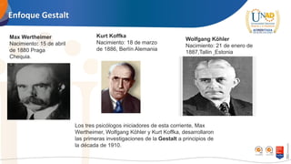 Enfoque Gestalt
Wolfgang Köhler
Nacimiento: 21 de enero de
1887,Tallin Estonia
Max Wertheimer
Nacimiento: 15 de abril
de 1880 Praga
Chequia.
Kurt Koffka
Nacimiento: 18 de marzo
de 1886, Berlín Alemania
Los tres psicólogos iniciadores de esta corriente, Max
Wertheimer, Wolfgang Köhler y Kurt Koffka, desarrollaron
las primeras investigaciones de la Gestalt a principios de
la década de 1910.
 