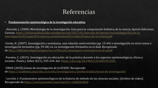 • Fundamentación epistemológica de la investigación educativa:
-Hurtado, J. (2000) Metodología de la investigación. Guía para la comprensión holística de la ciencia. Quirón Ediciones.
Caracas. https://dariososafoula.files.wordpress.com/2017/01/hurtado-de-barrera-metodologicc81a-de-la-
investigaciocc81n-guicc81a-para-la-comprensiocc81n-holicc81stica-de-la-ciencia.pdf
-Cerda, H. (2007). Investigación y enseñanza, una relación controvertida (pp. 15-44) e investigación en strict sensu e
investigación formativa (pp. 59-68) en La investigación Formativa en el Aula. Recuperado
de http://bibliotecadigital.magisterio.co/libro/la-investigaci-n-formativa-en-el-aula#
-Fuentes, C. (2015). Investigación en educación: de la práctica docente a los aspectos epistemológicos, éticos y
sociales. Praxis y Saber, 6(11), 235-244. doi: https://doi.org/10.19053/22160159.3581
-UNAD (2018).Líneas de investigación de la ECEDU. Recuperado
de https://academia.unad.edu.co/ecedu/investigacion-y-productividad/lineas-de-investigación
- Lección 1: Fundamentos epistemológicos de la historia de método de las ciencias sociales. [Archivo de video].
Recuperado de https://www.youtube.com/watch?v=AQhJGkAJsI0
 