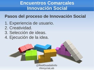 Encuentros Comarcales
          Innovación Social
Pasos del proceso de Innovación Social
1. Experiencia de usuario.
2. Creatividad.
3. Selección de ideas.
4. Ejecución de la idea.




                @RedGuadalinfo
                 #InnyciaLab
 