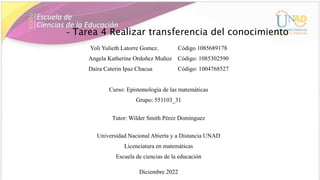 – Tarea 4 Realizar transferencia del conocimiento
Yoli Yulieth Latorre Gomez. Código 1085689178
Angela Katherine Ordoñez M...
