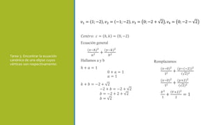 𝐶𝑒𝑛𝑡𝑟𝑜: 𝑐 = ℎ, 𝑘 = 0, −2
Ecuación general
(𝑥−ℎ)2
𝑎2 +
(𝑦−𝑘)2
𝑏2
Hallamos a y b
ℎ + 𝑎 = 1
0 + 𝑎 = 1
𝑎 = 1
𝑘 + 𝑏 = −2 + 2
−2 + 𝑏 = −2 + 2
𝑏 = −2 + 2 + 2
𝑏 = 2
Remplazamos
(𝑥−0)2
12 +
(𝑦−(−2))2
( 2)2
(𝑥−0)2
12 +
(𝑦+2)2
( 2)2
𝑋2
1
+
𝑌+2 2
2
= 1
Tarea 3. Encontrar la ecuación
canónica de una elipse cuyos
vértices son respectivamente:
𝑣1 = 1; −2 , 𝑣2 = −1; −2 , 𝑣3 = 0; −2 + 2 , 𝑣4 = 0; −2 − 2
 