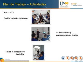 08/12/18
Plan de Trabajo – Actividades
OBJETIVO 2.
Decide y diseña tu futuro
Taller análisis y
comprensión de textos
Taller el compañero
invisible
 