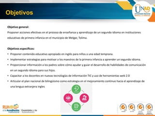 Objetivo general:
Proponer acciones efectivas en el proceso de enseñanza y aprendizaje de un segundo idioma en instituciones
educativas de primera infancia en el municipio de Melgar, Tolima.
Objetivos específicos:
• Proponer contenido educativo apropiado en inglés para niños a una edad temprana.
• Implementar estrategias para motivar a los maestros de la primera infancia a aprender un segundo idioma.
• Proporcionar información a los padres sobre cómo ayudar y guiar el desarrollo de habilidades de comunicación
en un segundo idioma para sus hijos.
• Capacitar a los docentes en nuevas tecnologías de información TIC y uso de herramientas web 2.0
• Articular el plan nacional de bilingüismo como estrategia en el mejoramiento continuo hacia el aprendizaje de
una lengua extranjera ingles
Objetivos
 