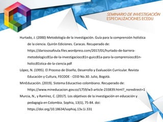 SEMINARIO DE INVESTIGACIÓN
ESPECIALIZACIONES ECEDU
Hurtado, J. (2000) Metodología de la investigación. Guía para la comprensión holística
de la ciencia. Quirón Ediciones. Caracas. Recuperado de:
https://dariososafoula.files.wordpress.com/2017/01/hurtado-de-barrera-
metodologicc81a-de-la-investigaciocc81n-guicc81a-para-la-comprensiocc81n-
holicc81stica-de-la-ciencia.pdf
López, N. (1995). El Proceso de Diseño, Desarrollo y Evaluación Curricular. Revista
Educación y Cultura, FECODE - CEID No.30. Julio, Bogotá.
MinEducación. (2019). Sistema Educactivo colombiano. Recuperado de:
https://www.mineducacion.gov.co/1759/w3-article-233839.html?_noredirect=1
Murcia, N., y Ramírez, C. (2017). Los objetivos de la investigación en educación y
pedagogía en Colombia. Sophia, 13(1), 75-84. doi:
https://doi.org/10.18634/sophiaj.13v.1i.331
 