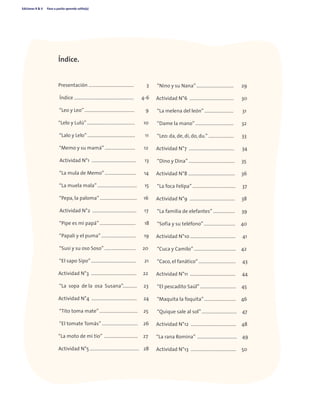 Ediciones R & V Paso a pasito aprendo solito(a)
4
Índice.			 		
		
Presentación ………………………………… 3
Índice …………………………………............ 4-6
“Leo y Leo” ……………………………………. 9
“Lelo y Lulú” ………………………………….. 10
“Lalo y Lelo” ………………………………….. 11
“Memo y su mamá” …………………….. 12
Actividad N°1 ..................................... 13
“La mula de Memo” ……………………… 14
“La muela mala” ……………………………. 15
“Pepa, la paloma” ………………………….. 16
Actividad N°2 ..................................... 17
“Pipe es mi papá” …………………………. 18
“Papali y el puma” ………………………… 19
“Susi y su oso Soso” ……………………… 20
“El sapo Sipo” ………………………………… 21
Actividad N°3 ...................................... 22
“La sopa de la osa Susana”..………. 23
Actividad N°4 ...................................... 24
“Tito toma mate” …………………………… 25
“El tomate Tomás” …………………………. 26
“La moto de mi tío” ............................ 27
Actividad N°5 …………………………............ 28
	
“Nino y su Nana” ………………………….. 29
Actividad N°6 ..................................... 30
“La melena del león” ……………………. 31
“Dame la mano” …………………………… 32
“Leo: da, de, di, do, du.” …………………. 33
Actividad N°7 ...................................... 34
“Dino y Dina” …………………………………. 35
Actividad N°8 ....................................... 36
“La foca Felipa” …………………………....... 37
Actividad N°9 ...................................... 38
“La familia de elefantes” ………………. 39
“Sofía y su teléfono” ……………………… 40
Actividad N°10 ………………………………… 41
“Cuca y Camilo” ……………………………... 42
“Caco, el fanático” ………………………….. 43
Actividad N°11 ...................................... 44
“El pescadito Saúl” …………………………. 45
“Maquita la foquita” ……………………... 46
“Quique sale al sol” ………………………... 47
Actividad N°12 ...................................... 48
“La rana Romina” ................................. 49
Actividad N°13 ...................................... 50
 