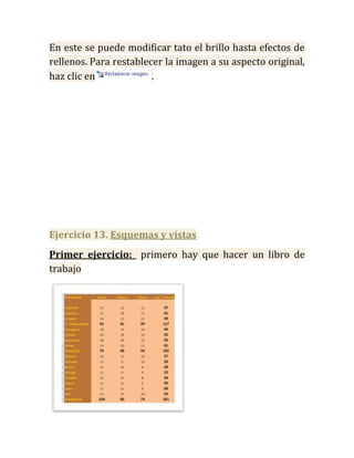 En este se puede modificar tato el brillo hasta efectos de
rellenos. Para restablecer la imagen a su aspecto original,
haz clic en             .




Ejercicio 13. Esquemas y vistas
Primer ejercicio: primero hay que hacer un libro de
trabajo
 