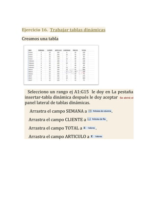 Ejercicio 16. Trabajar tablas dinámicas
Creamos una tabla




   Selecciono un rango ej A1:G15 le doy en La pestaña
 insertar-tabla dinámica después le doy aceptar Se abrirá el
 panel lateral de tablas dinámicas.
   Arrastra el campo SEMANA a                    .
   Arrastra el campo CLIENTE a               .
   Arrastra el campo TOTAL a           .
   Arrastra el campo ARTICULO a
 