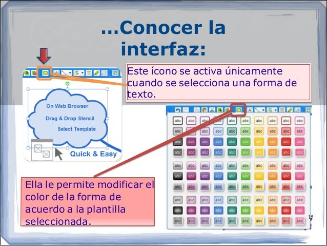 …Conocer la
interfaz:
Este ícono se activa únicamente
cuando se selecciona una forma de
texto.
Ella le permite modifi...