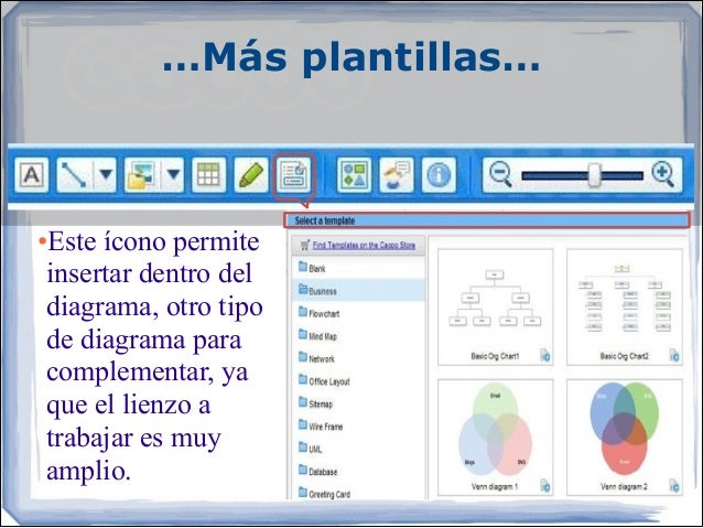 …Más plantillas…
•Este ícono permite
insertar dentro del
diagrama, otro tipo
de diagrama para
complementar, ya
que e...