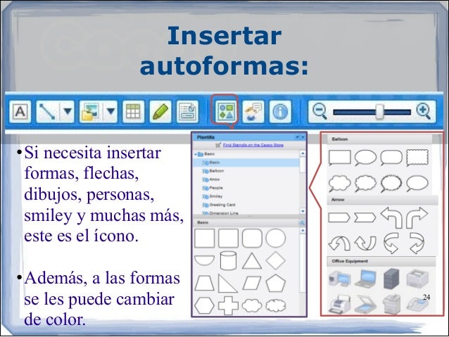 Insertar
autoformas:
•Si necesita insertar
formas, flechas,
dibujos, personas,
smiley y muchas más,
este es el ícono...