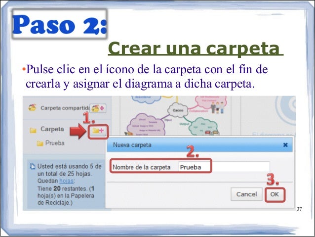 Crear una carpeta
•Pulse clic en el ícono de la carpeta con el fin de
crearla y asignar el diagrama a dicha carpeta.
37