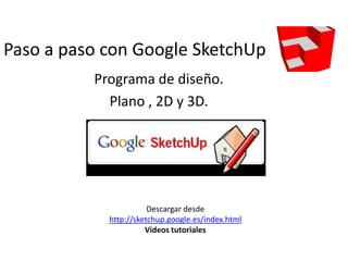 Paso a paso con Google SketchUp
Programa de diseño.
Plano , 2D y 3D.
Descargar desde
http://sketchup.google.es/index.html
Videos tutoriales
 